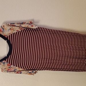 2 for $20 Burgandy and white striped midi dress featuring floral sleeves.